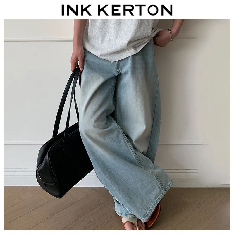 INK KERTON复古弯刀宽松无弹水洗撞色猫须做旧耐磨牛仔裤长裤