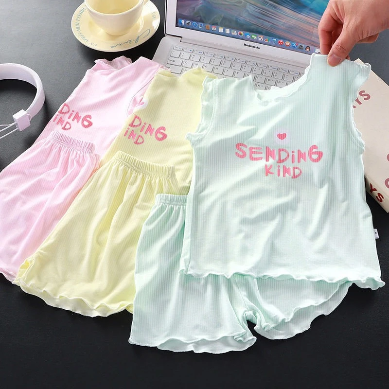 女童背心短裤两件套荷叶边飞袖睡衣居服宝宝夏装空调服