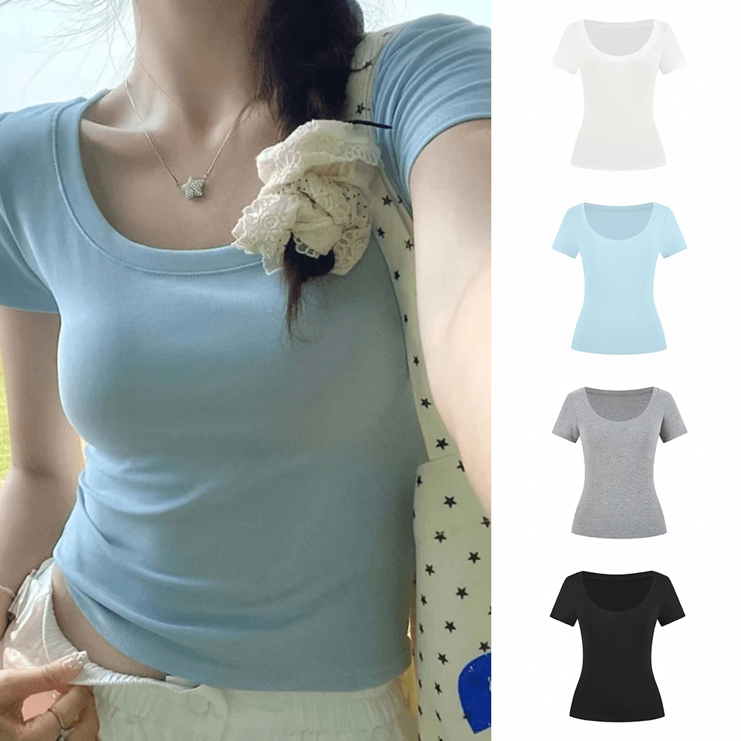 蓝色短袖修身收腰U领甜辣小上衣女夏季2025新款小个子t恤#T0589