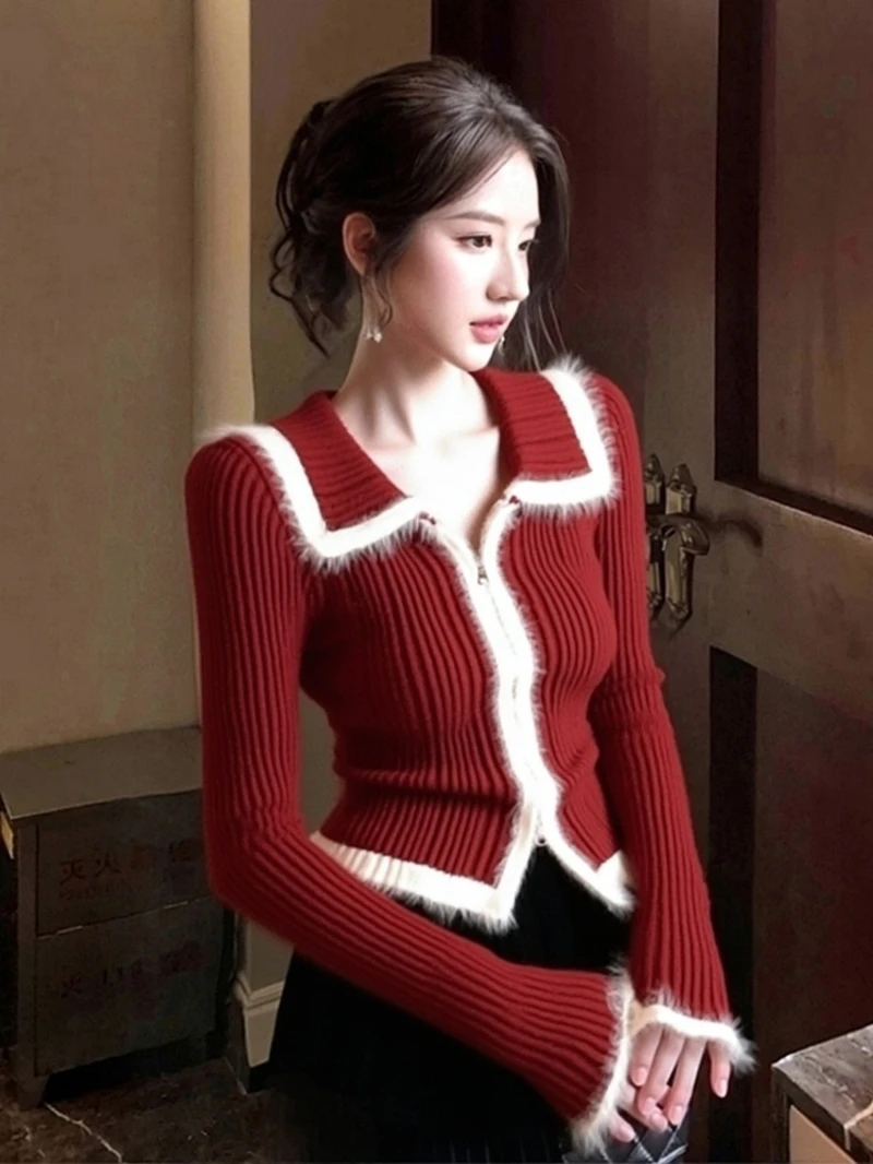 小香风红色翻领开衫收腰针织衫女冬季新款新年穿搭内搭毛衣可外穿