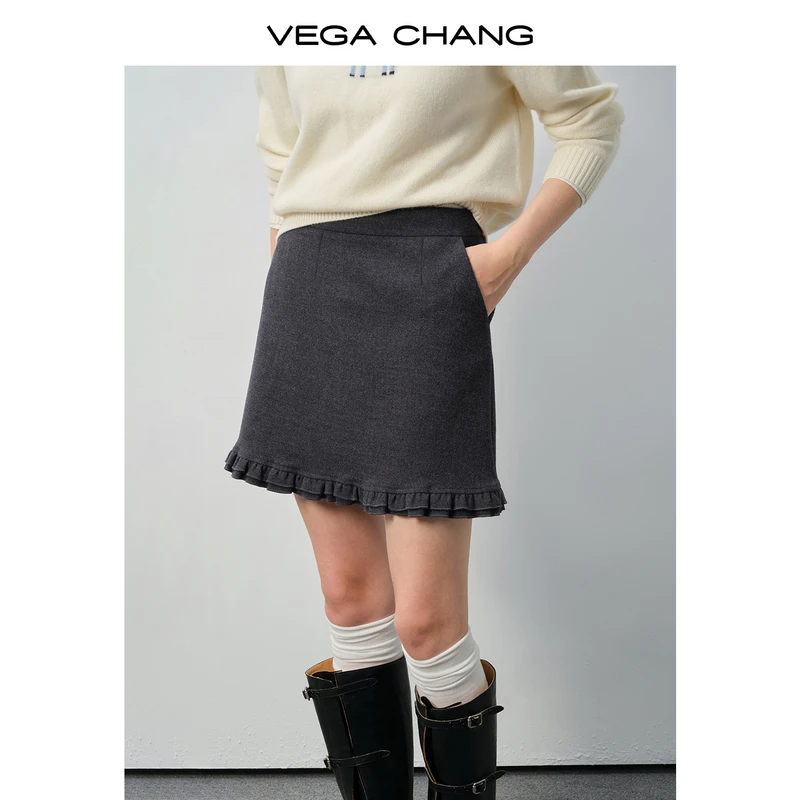 VEGA CHANG【灰调甜飒】羊毛荷叶边A字短裙2025秋冬半身裙0427JJ