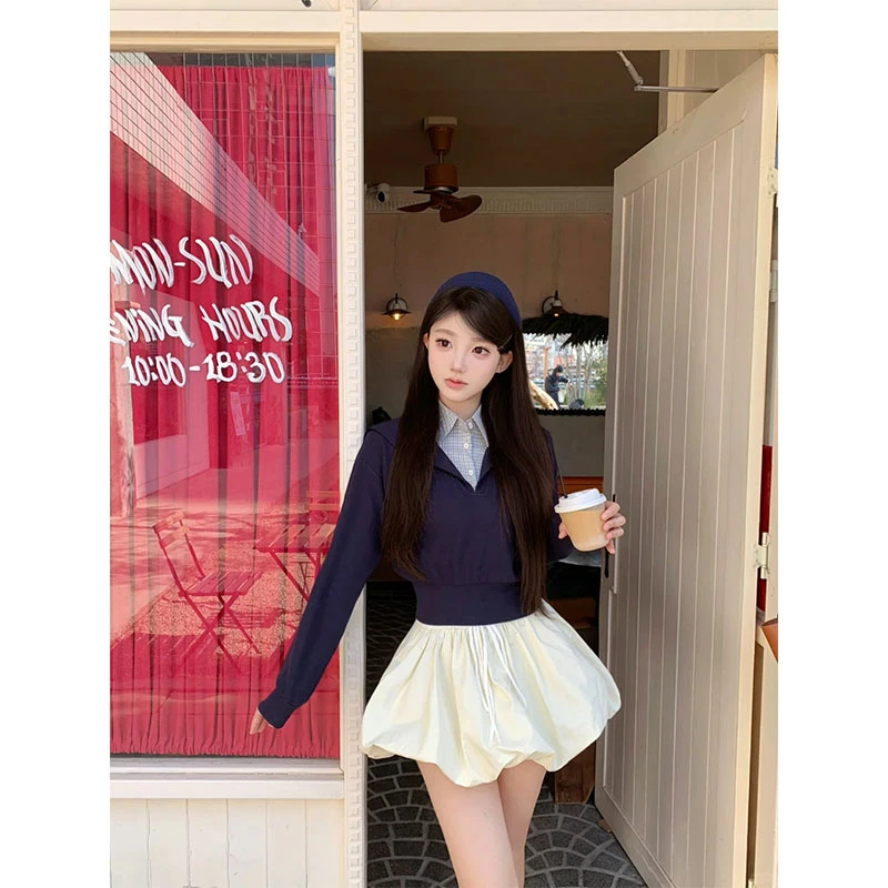 学院风假两件polo领格子长袖小众短款上衣高腰百搭休闲蓬蓬短裙女