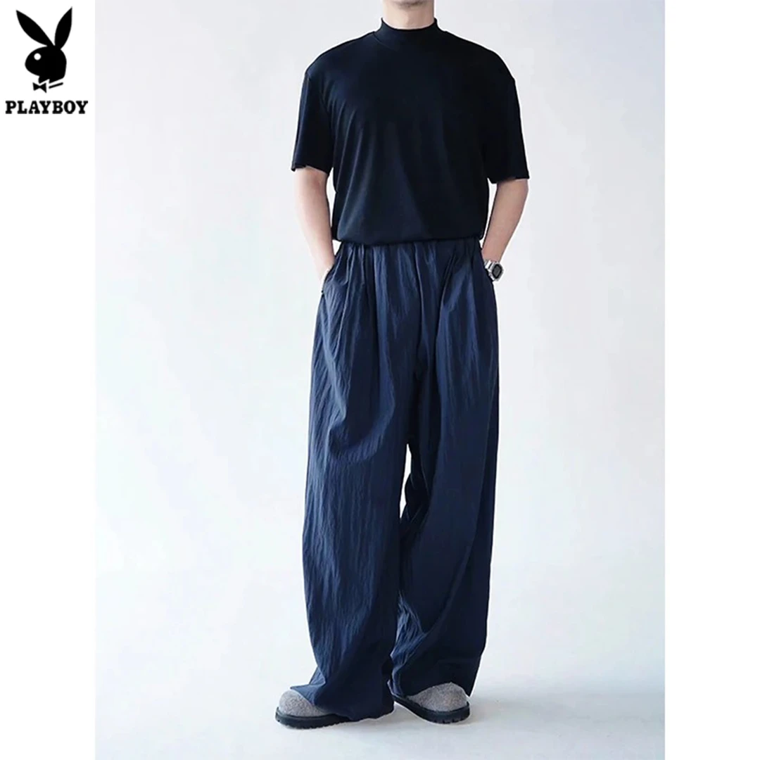 花花公子藏青色裤子男士夏季薄款美式慵懒松弛感休闲直筒宽松长裤