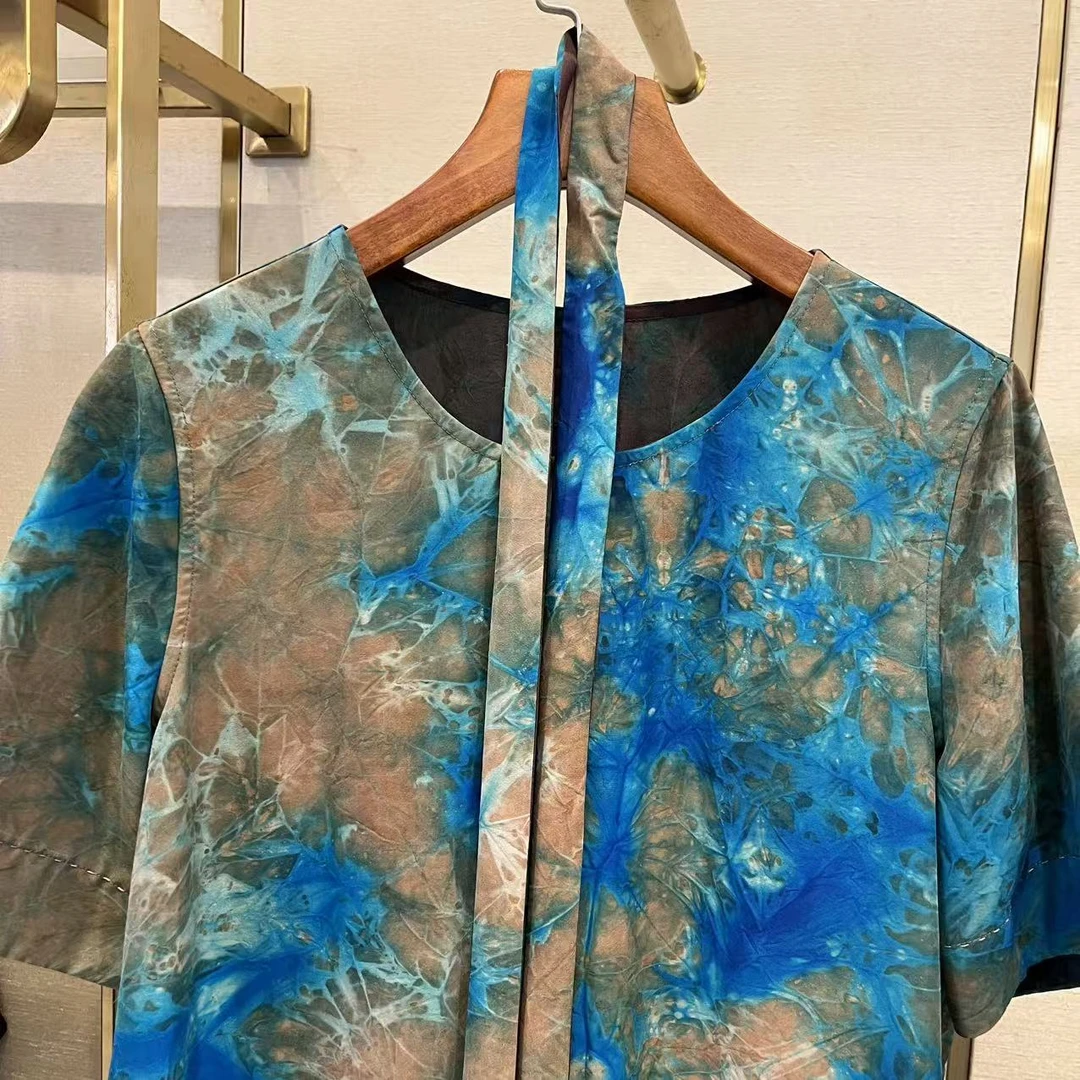 蚕物【99225】老料扎染红云纱100%桑蚕丝连衣裙女