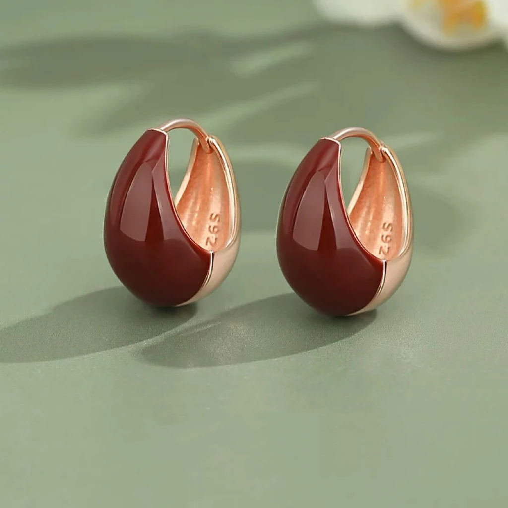 925银耳饰 Fan~梵花 S925银 安哥拉红双面耳扣红色简约