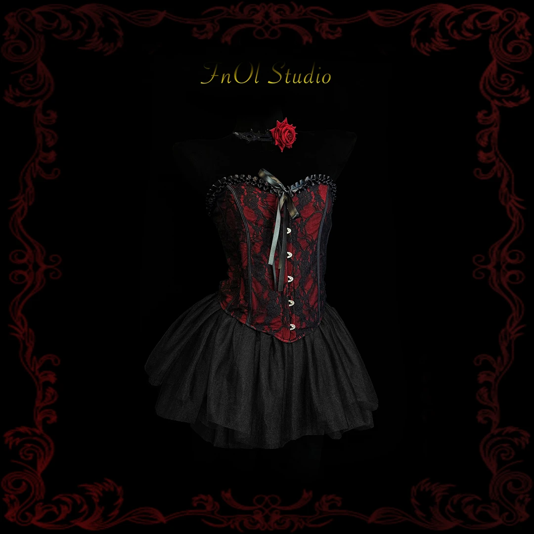 「FnOl Studio」暮红蜜语 暗黑风辣妹胸衣性感套装战袍圣诞节穿搭女