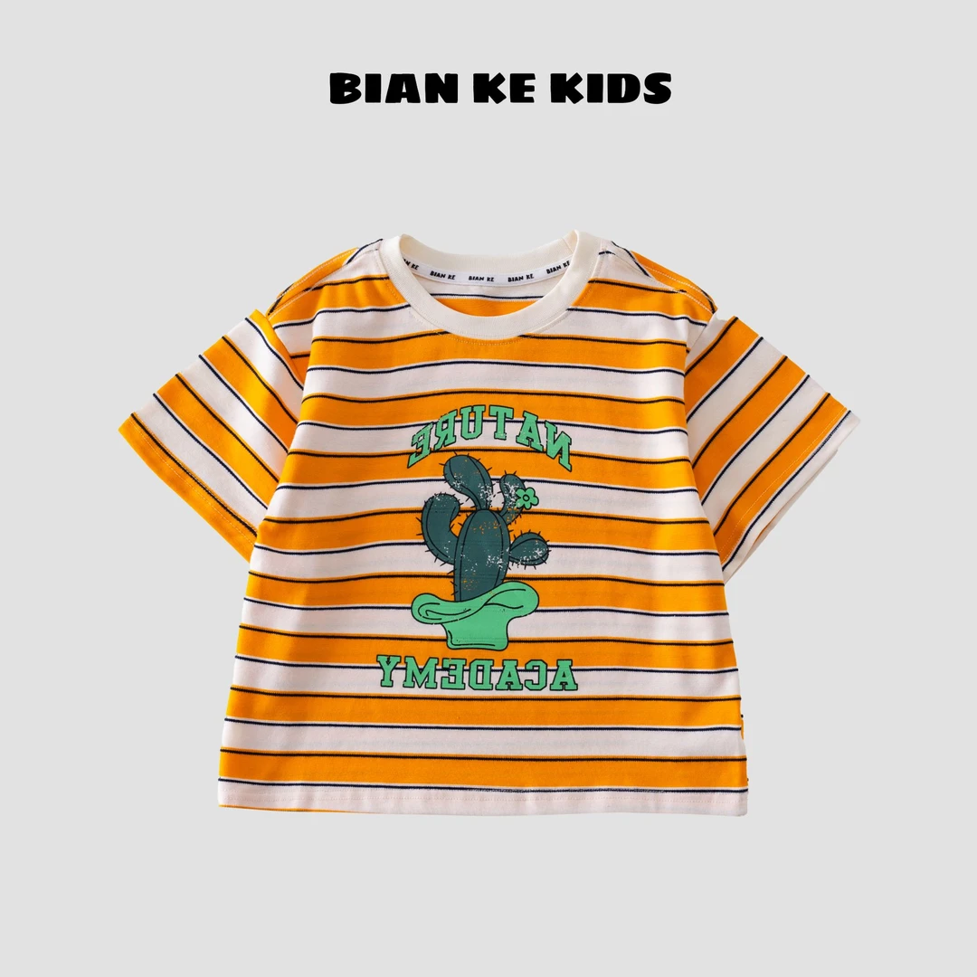 2025夏季儿童品牌全棉透气吸汗条纹仙人掌印花男童短袖T恤