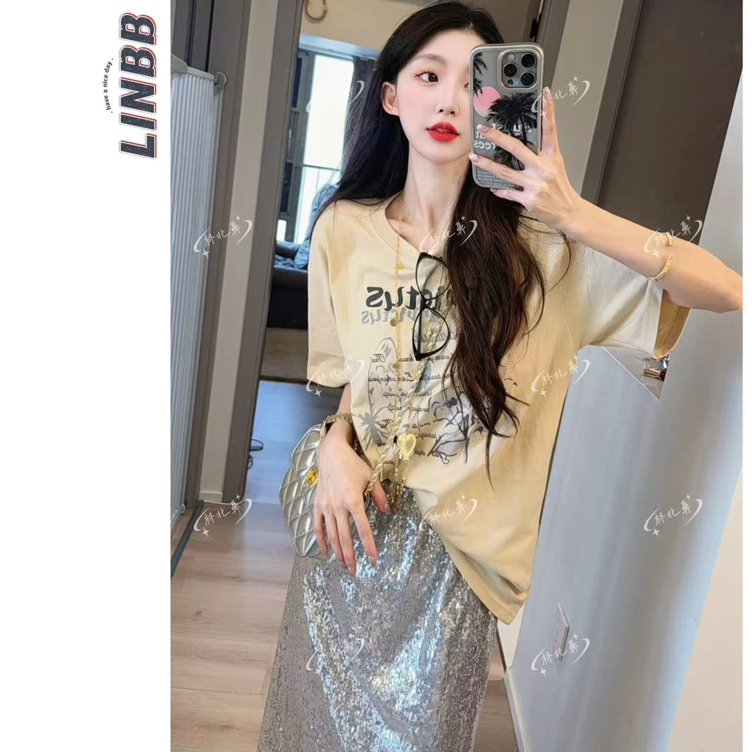 林北鼻-【伯牙绝弦】韩单夏日韩系ins博主风T恤半身裙套装