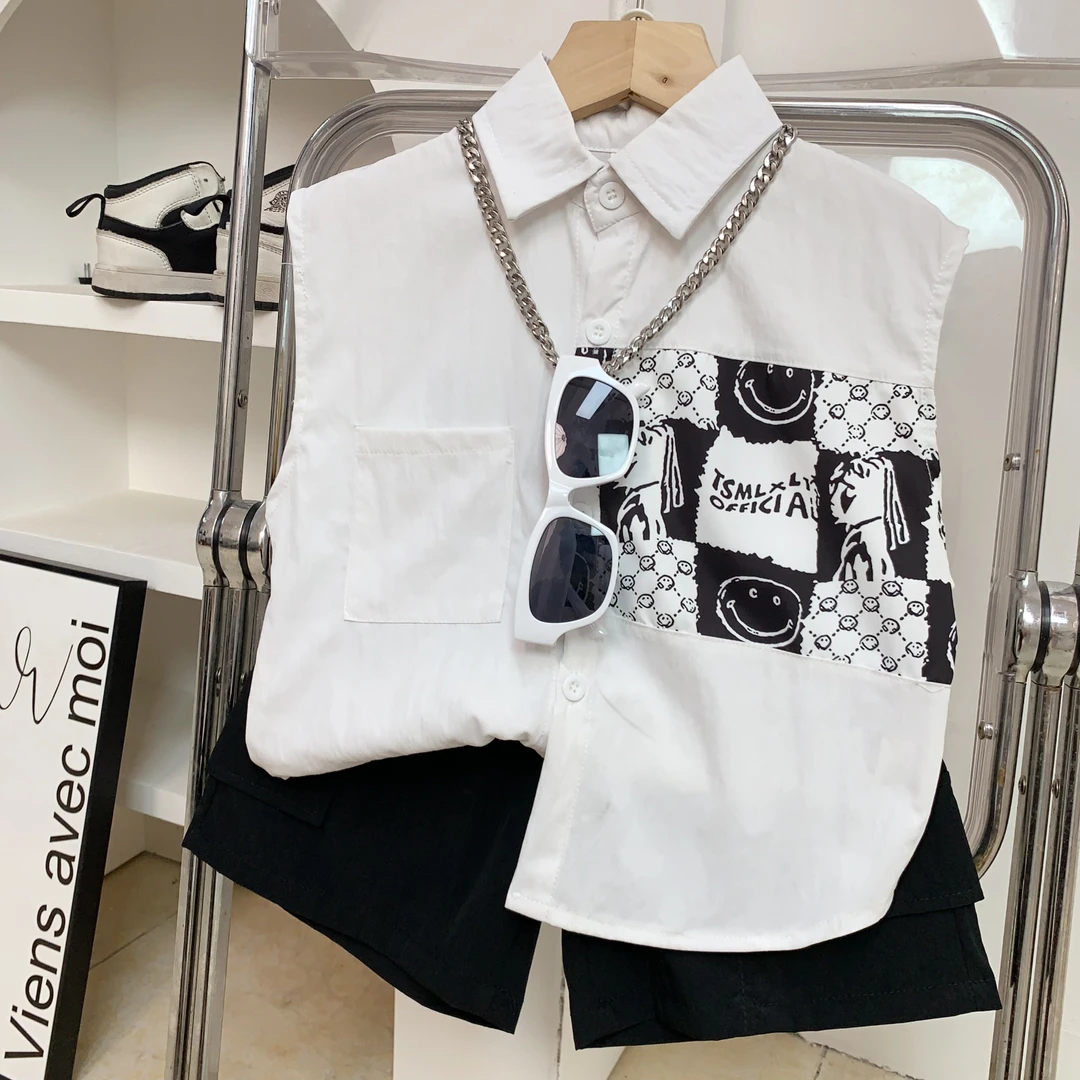 儿童夏款韩版衬衫套装男童薄款韩系帅气无袖衬衫短裤两件套潮童酷