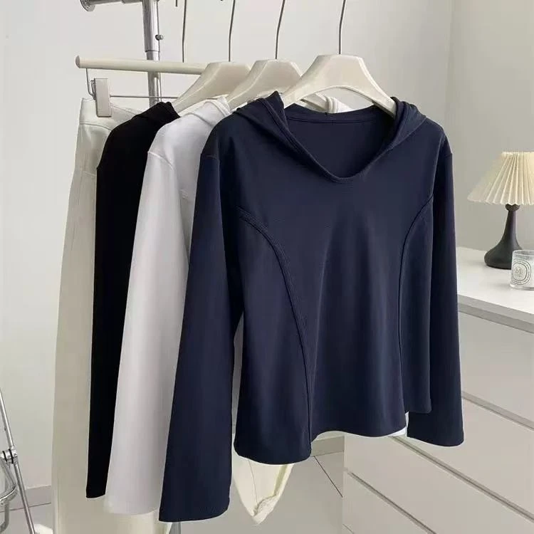 早秋慵懒感连帽衫女宽松休闲拼接设计感韩版套头卫衣净版百搭上衣