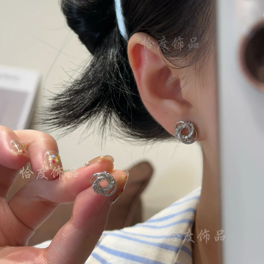【恰度】银色锆石交叉圈圈耳钉小众高级感
