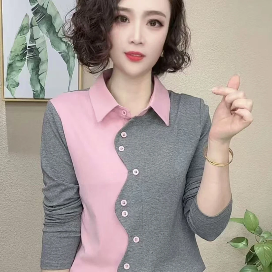 秋季新款撞色时尚设计感妈妈装洋气减龄显瘦遮肉拼接长袖衬衫t恤