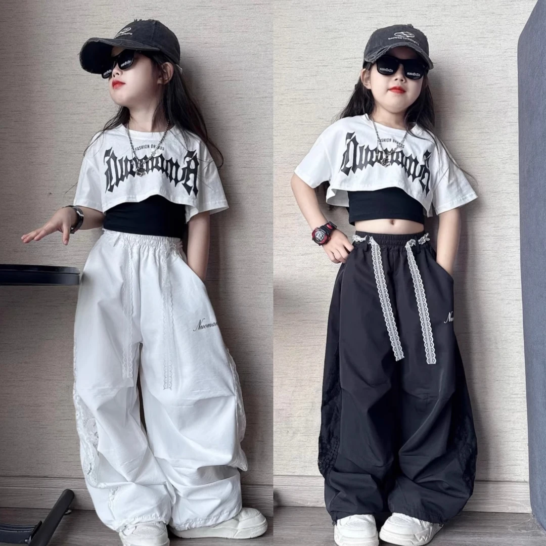 女童夏季短款露腰爵士舞短袖三件套中大童蕾丝拼接速干阔腿裤套装