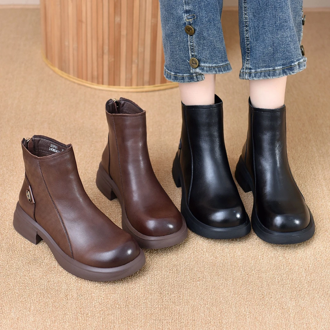 百搭时尚气质大气真牛皮马丁靴女后拉链复古短靴WH05007197