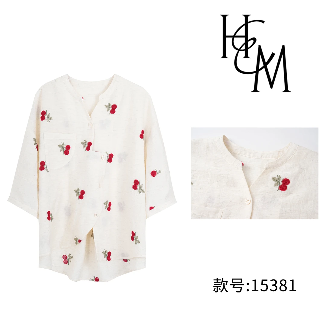 【慧姐】莱赛尔天丝时尚精致绣花小樱桃不规则衬衫【15381】