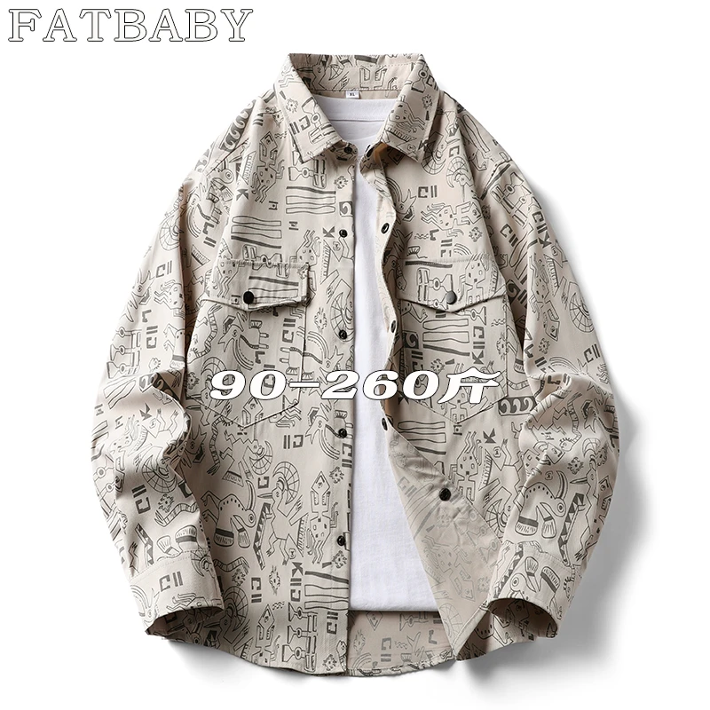 男士春季大码印花ins长袖衬衫日系复古宽松潮流春日穿搭百搭衬衫