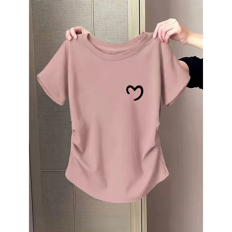 粉色圆领正肩短袖T恤女夏季新款紧身收腰设计感休闲百搭上衣藏肉