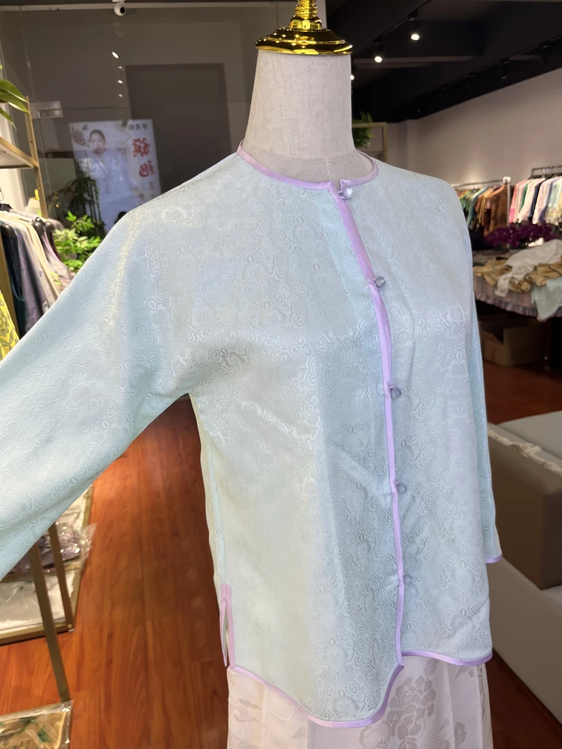 新中式圆领对襟小上衣唐装短款长袖女装时尚提花民族风女款国风