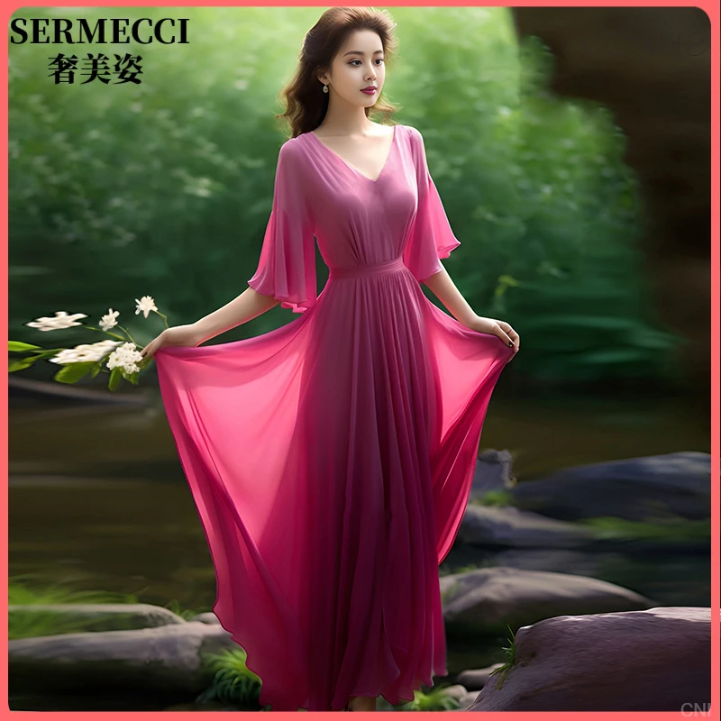 收腰显瘦连衣裙高端长裙玫红色大摆裙高级感五分袖海边度假沙滩裙