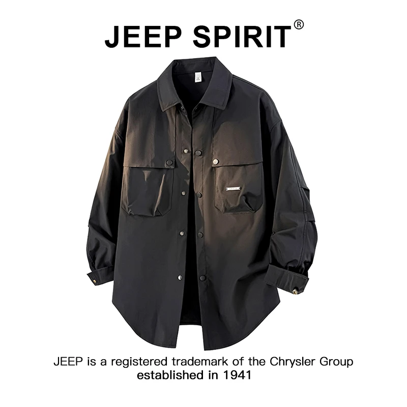JEEPSPIRIT吉普长袖衬衫男早秋新款潮牌宽松百搭翻领工装衬衣外套