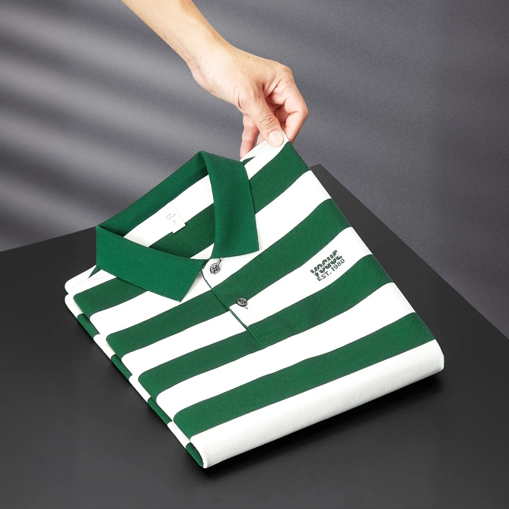 吉伦略索高端夏季冰丝条纹polo衫男士短袖修身商务休闲刺绣t恤男