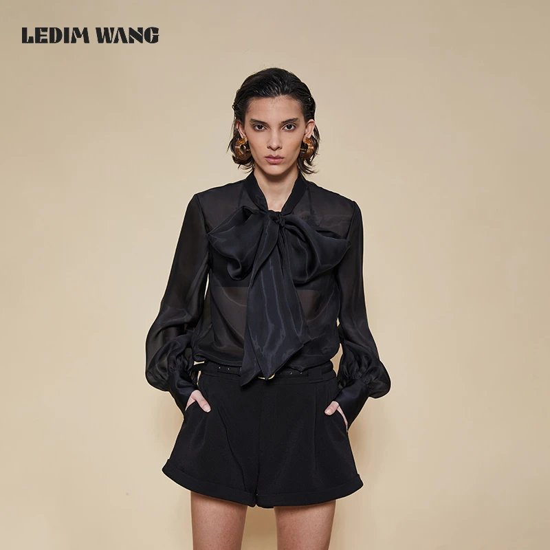 LEDIM WANG绑带蝴蝶结衬衫女轻奢高级感薄款黑色百搭宽松长袖衬衣
