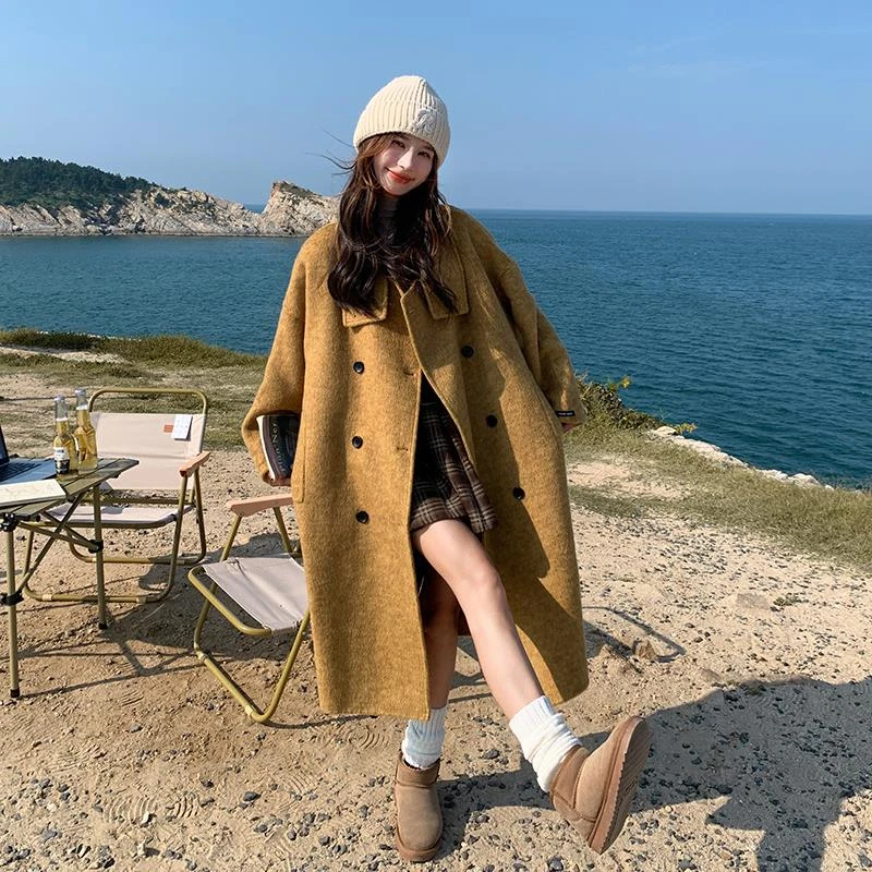 姜黄色时尚气质双面呢羊绒大衣女2024秋冬季新款宽松显瘦毛呢外套