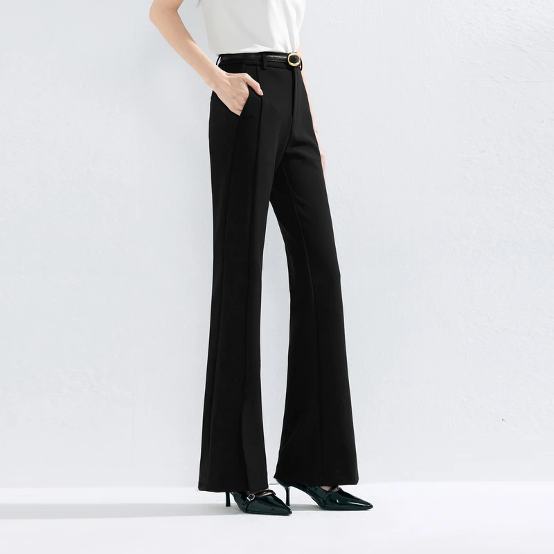 伊芙丽时髦显瘦超模比例高弹力针织面料喇叭长裤春裤子1G2951191