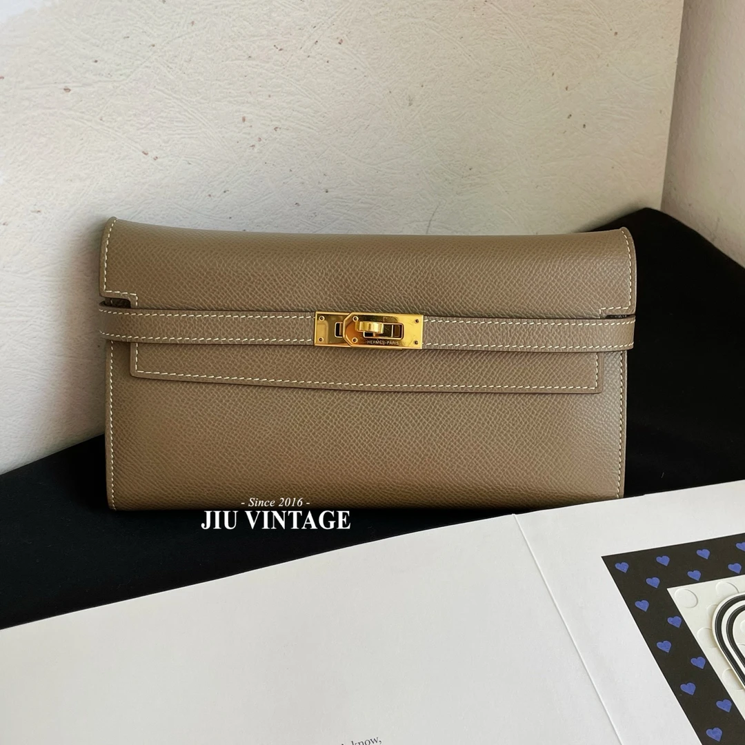 99新 Hermes/爱马仕 大象灰金扣kelly longD刻 epsom BJM12-2176
