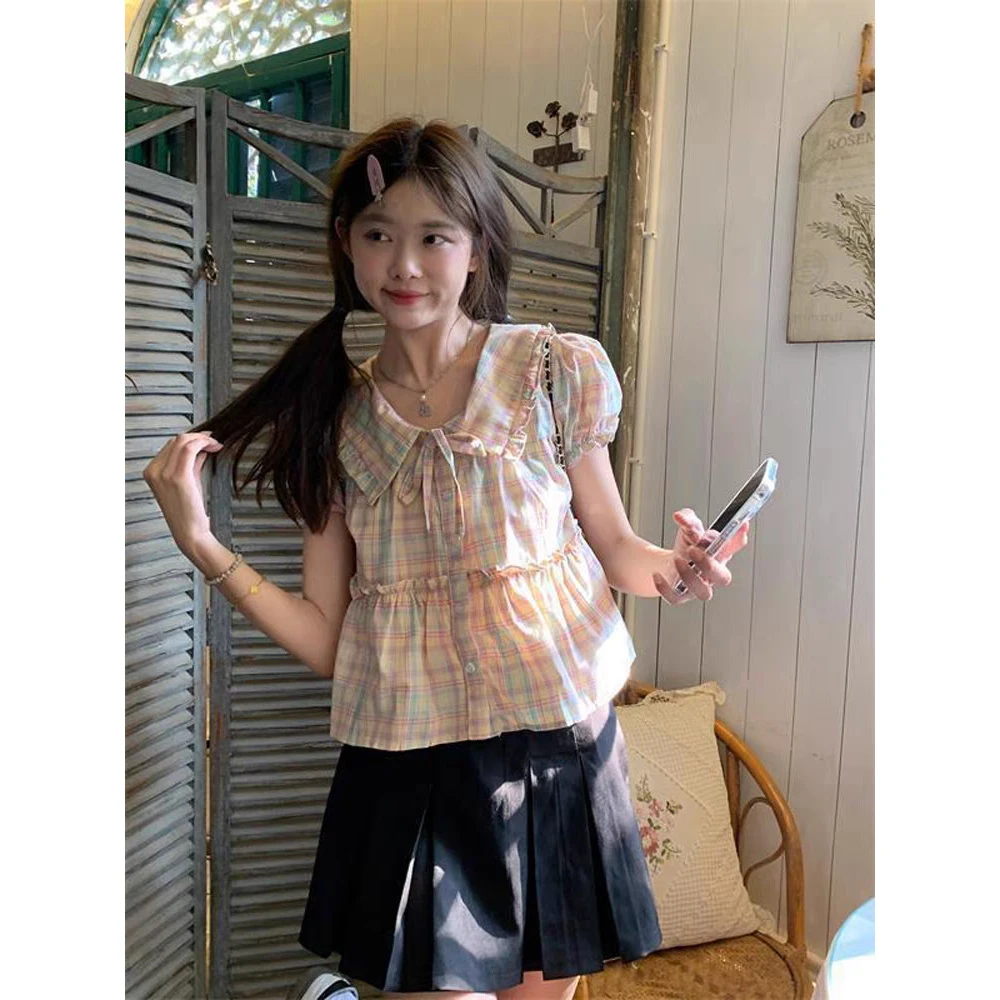 格纹娃娃领短袖衬衫夏大码女装宽松显瘦灯笼袖衬衣娃娃衫上衣#