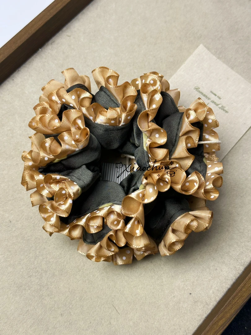 【小春】“栗子奶茶”-韩版手作撞色立体荷叶边秋冬高弹波点大肠发圈