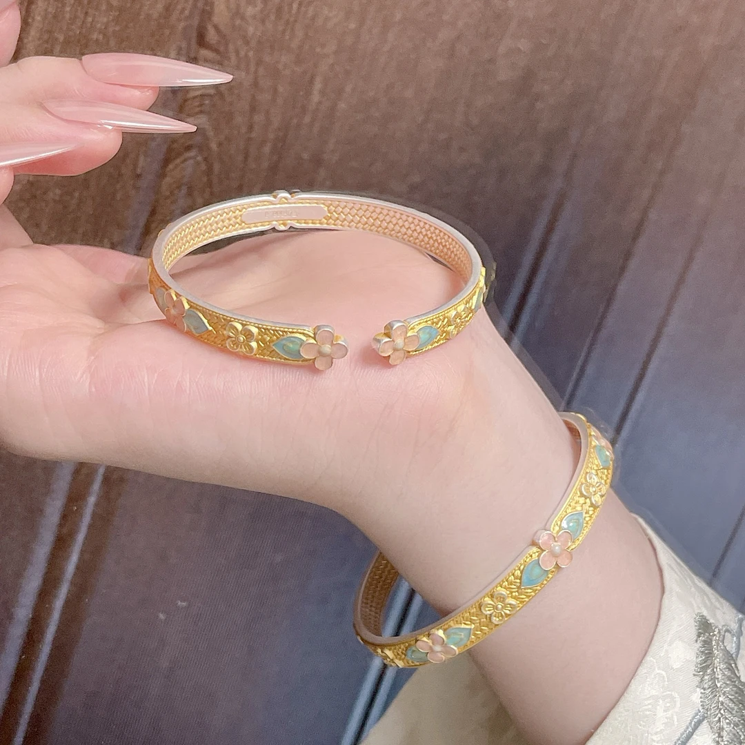 足银手镯 年轻款实心银手镯足银999.9珐琅彩描金四叶草银镯子国风