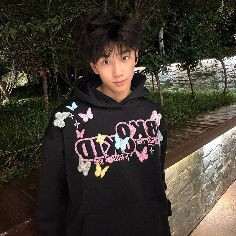 WASSUP dream早秋字母刺绣连帽卫衣男重磅宽松美式高街百搭上衣服