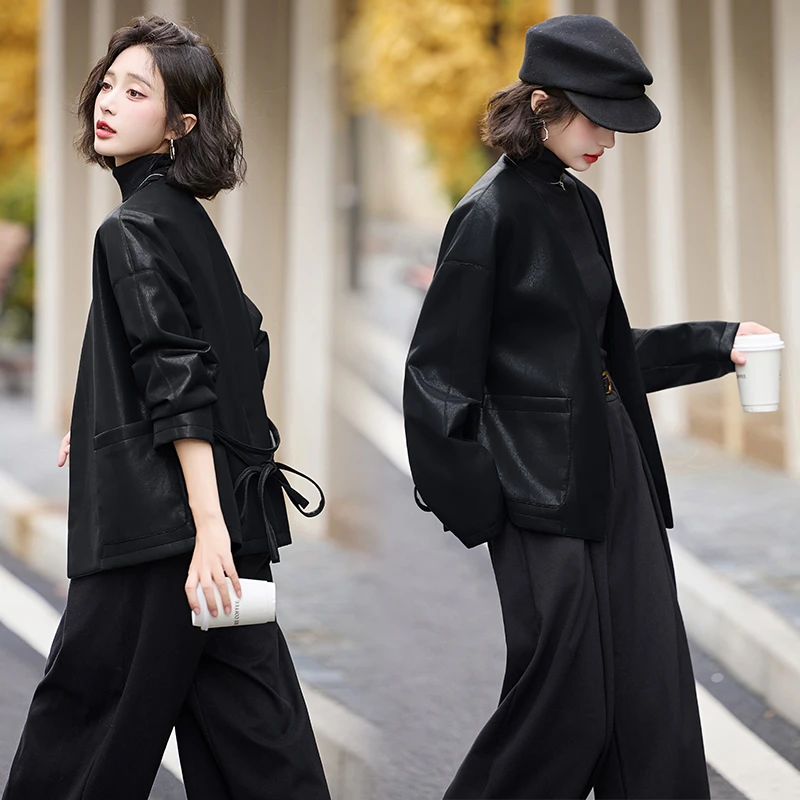 法式常规长袖系带时髦短款PU皮衣气质春秋辣妹风