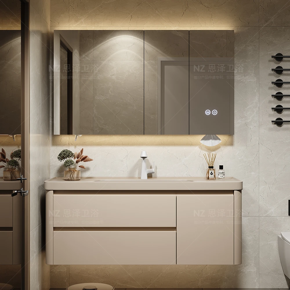 圆角微晶石一体盆现代卫生间洗漱台洗手洗脸盆浴室柜组合奶茶色