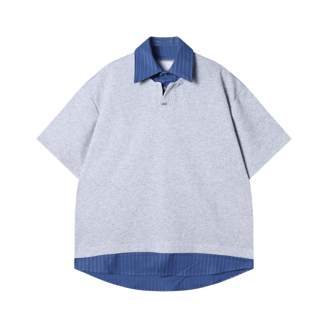 夏季高级感新款假两件条纹短袖polo领短袖T恤百搭情侣宽松上衣