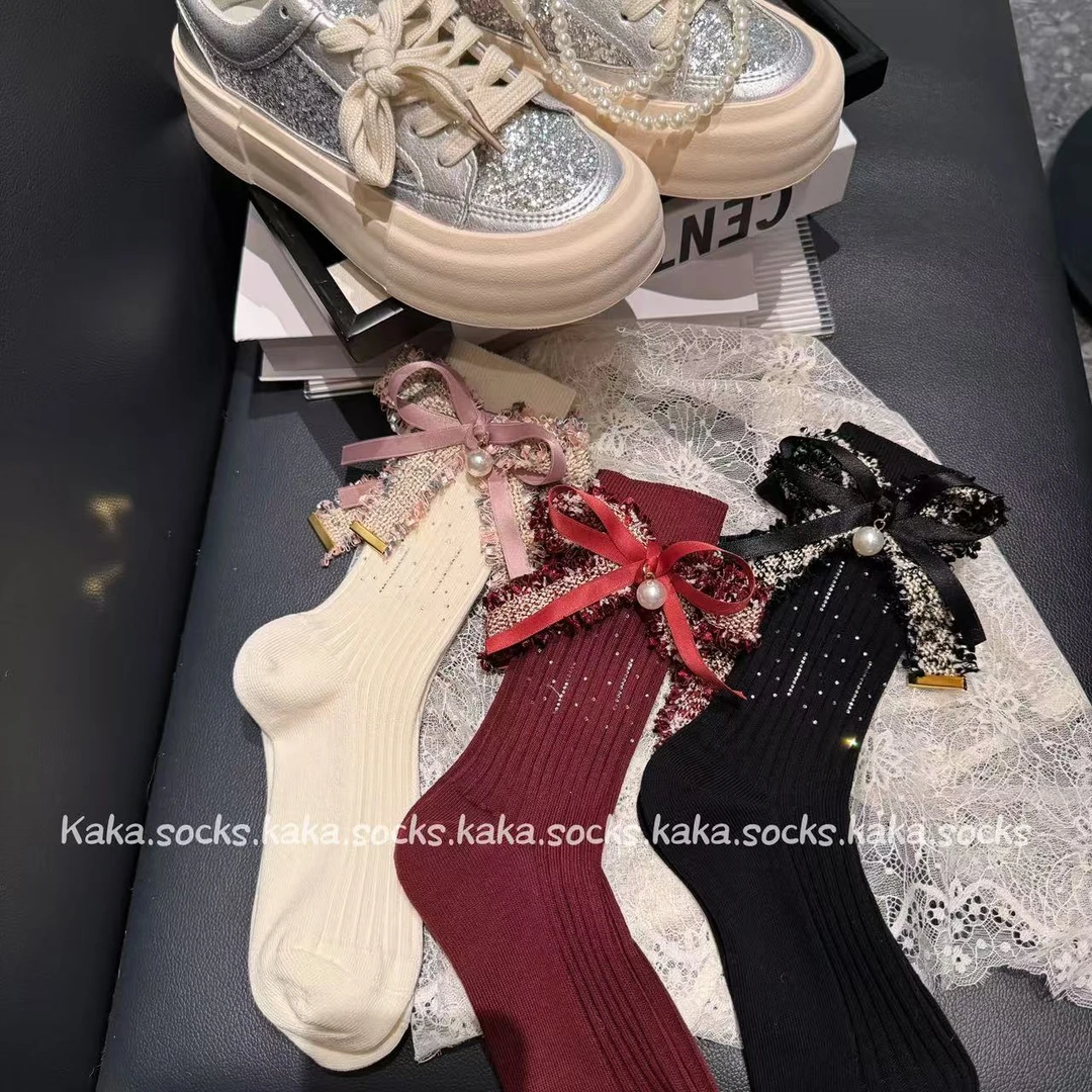 韩版轻奢香风珍珠蝴蝶结重工流星烫钻高级感ins中筒袜