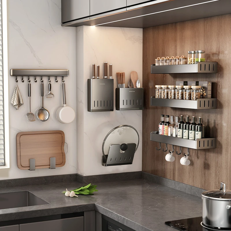 天地鱼枪灰厨房置物架免打孔壁挂式刀架调味料用品大全多功能收纳