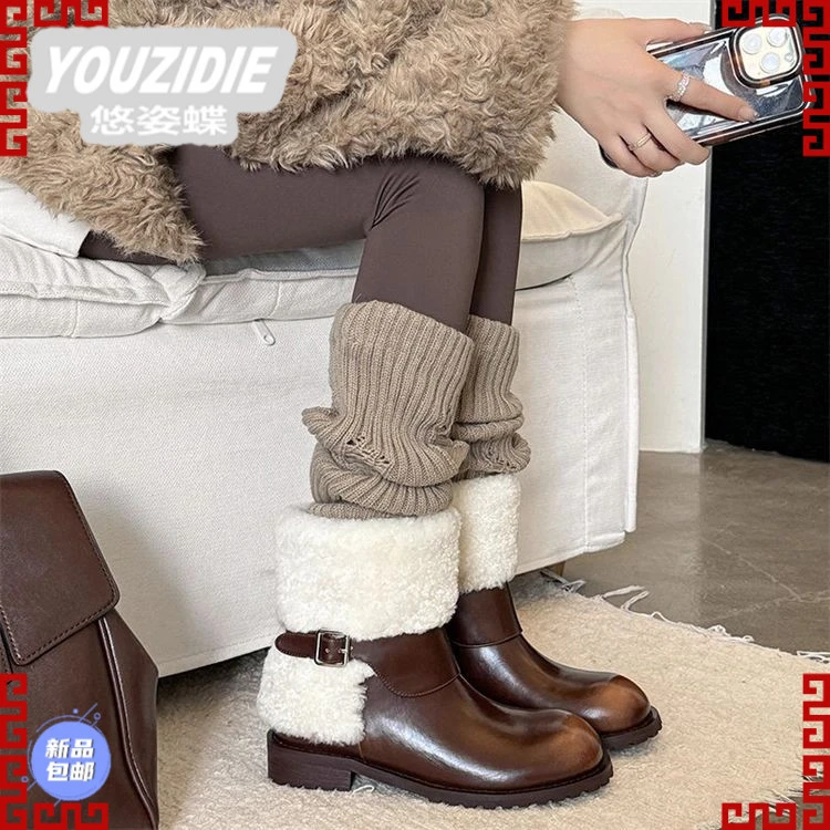 YOUZIDIE羊羔毛皮面雪地靴女防水防滑2025冬季新款保暖加厚马丁靴