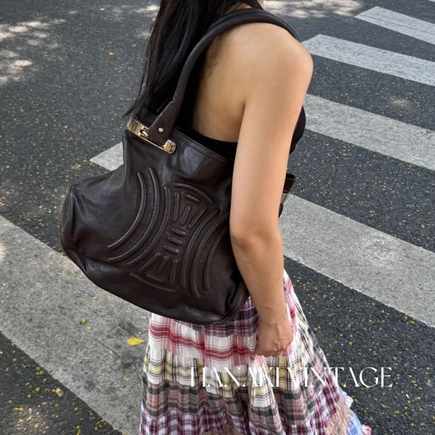 95新 Celine/思琳 花绮中古/Celine棕色大logo托特单肩包