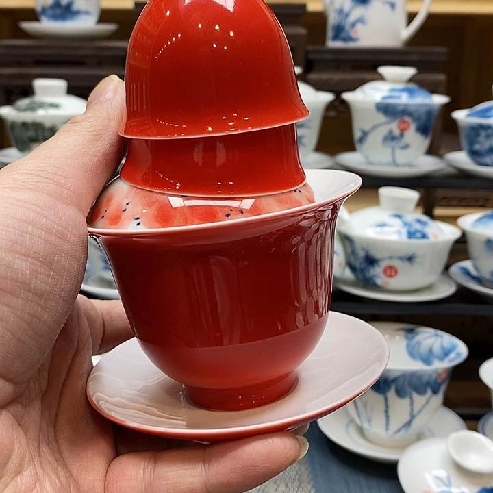 手绘微瑕红色盖加2杯子