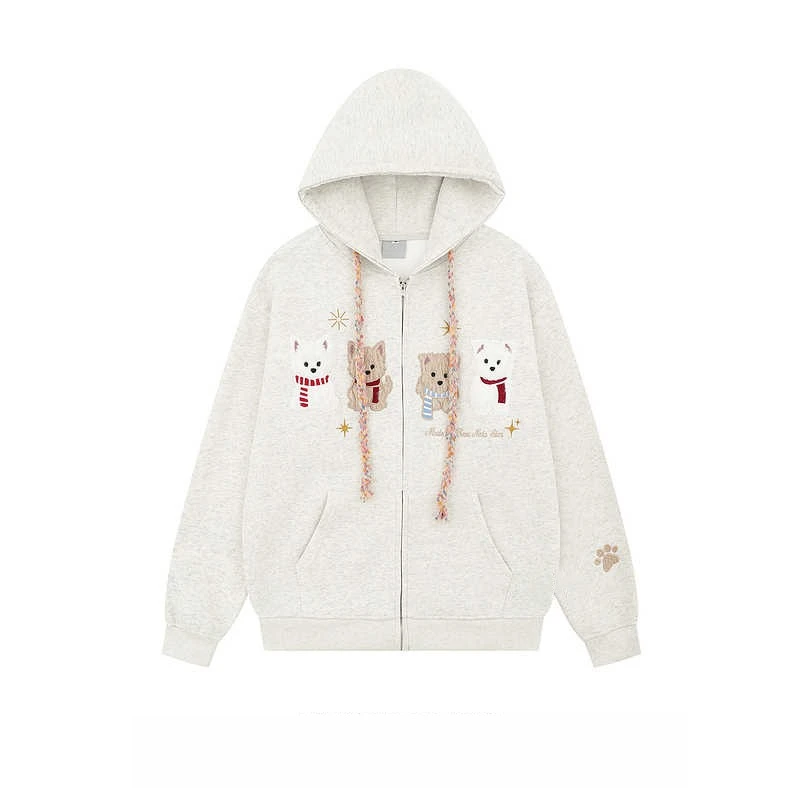 美式复古植绒刺绣小狗开衫连帽卫衣女男秋季宽松显瘦慵懒休闲外套