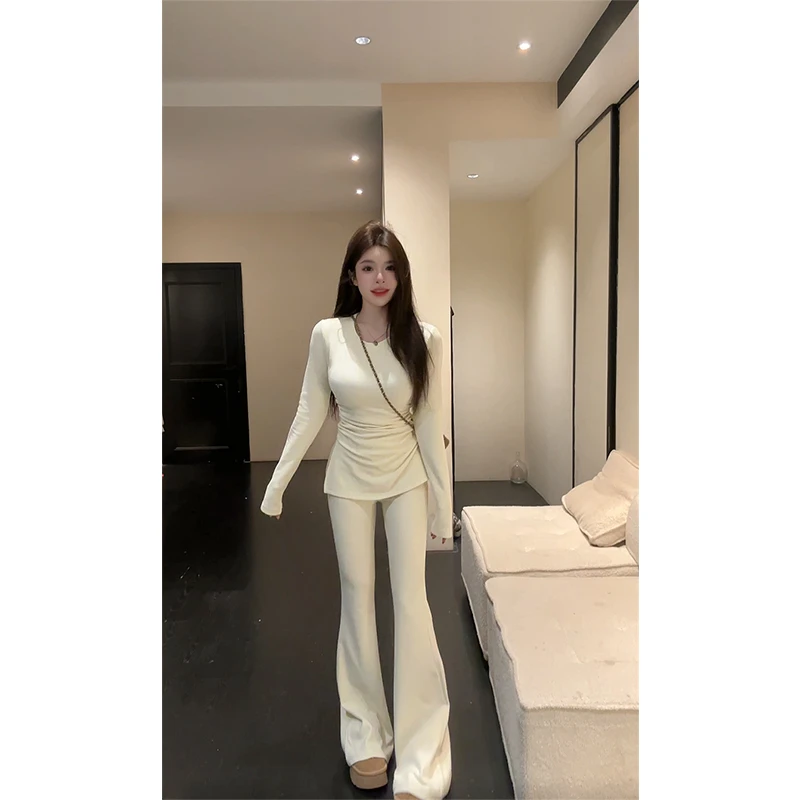 2025秋冬新款韩版修身简约休闲长袖上衣长款裤子加厚加磨毛两件套