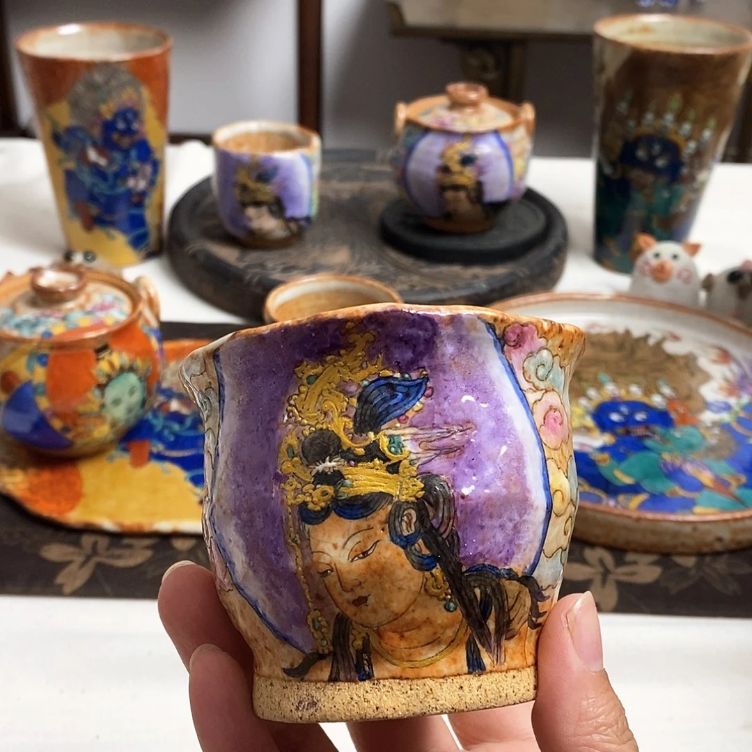 手工手绘水月观音茶杯