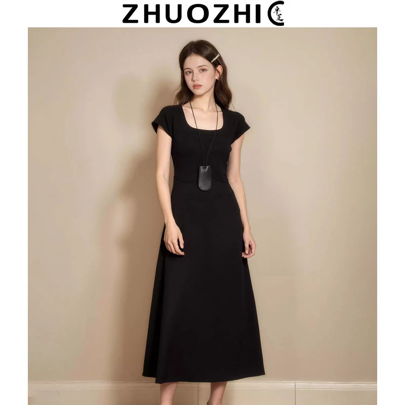 【卓芝】韩系通勤风方领纯色连衣裙2025夏季新款收腰显瘦气质裙子