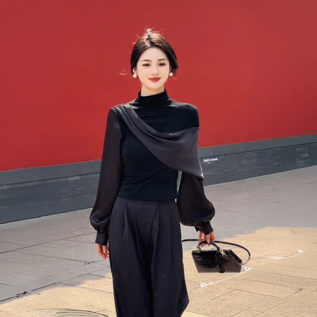 初秋穿搭一整套韩系高级感轻奢黑色上衣休闲裤轻熟气质减龄套装女