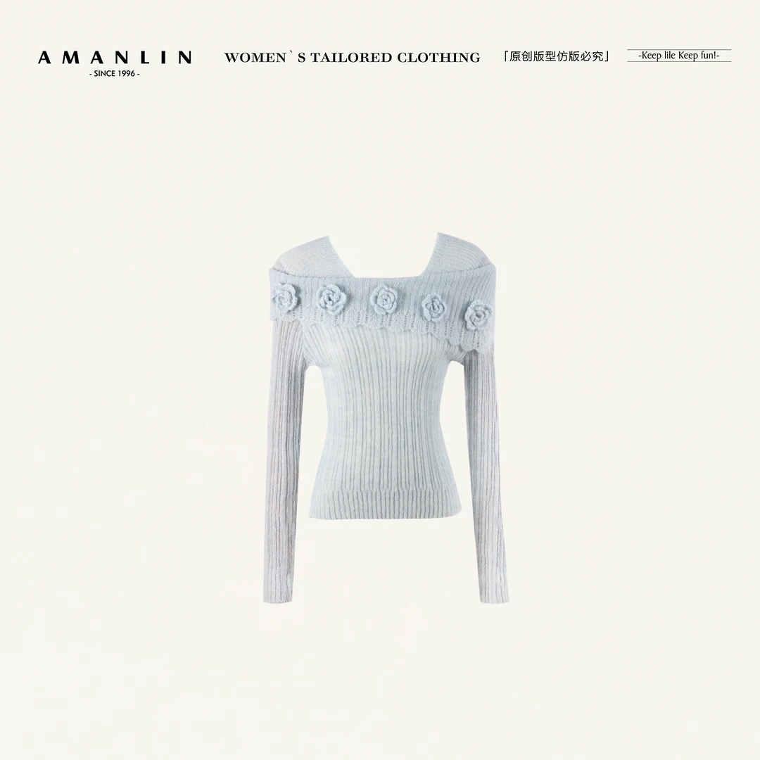 AMANLIN/阿谩琳琥珀流光一字肩长袖针织衫百搭显瘦衫上衣W600010