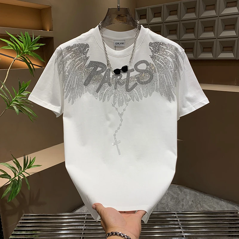 2025夏季新款潮牌烫钻印花休闲T恤男士宽松圆领时尚半袖打底t恤衫