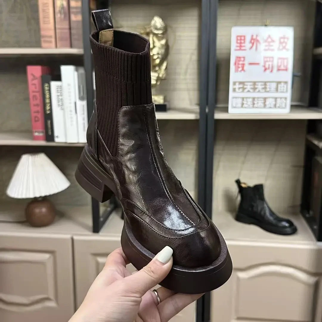 秋冬季新款气质百搭中跟粗跟切尔西靴真皮圆头厚底短筒靴女