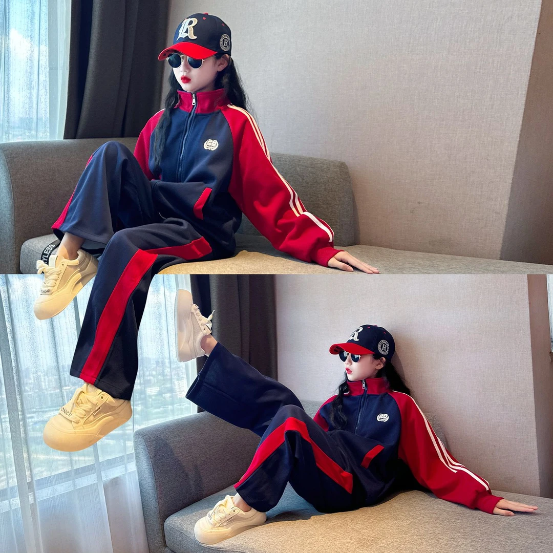 女童中大童长袖撞色拉链开衫运动套装时髦帅气拼接字母立领两件套